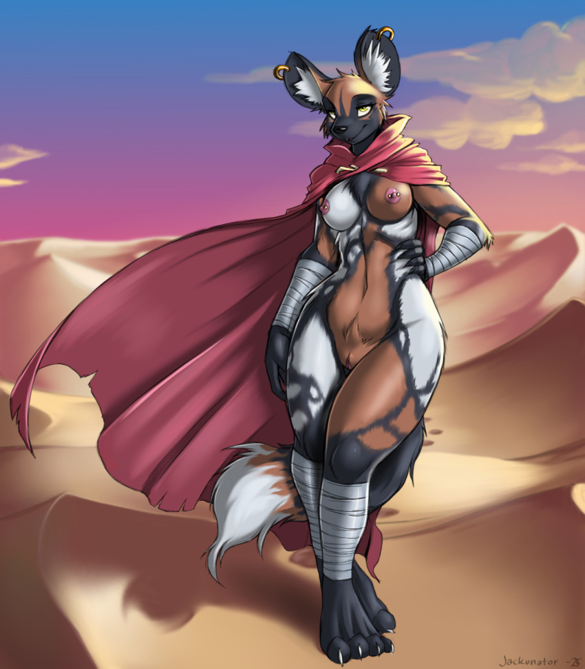 african_wild_dog anthro bandage breasts brown_body brown_fur canid canine canis cloak cloak_only clothing desert desert_background digital_media_(artwork) ear_piercing ear_ring female fur genitals hi_res hooped_ear_ring jackunator looking_at_viewer mammal mostly_nude mostly_nude_anthro mostly_nude_female multicolored_body multicolored_fur nipple_piercing nipples piercing pussy ring_piercing sang:_the_desert_blade sang_(sang:_the_desert_blade) smile solo tail wraps