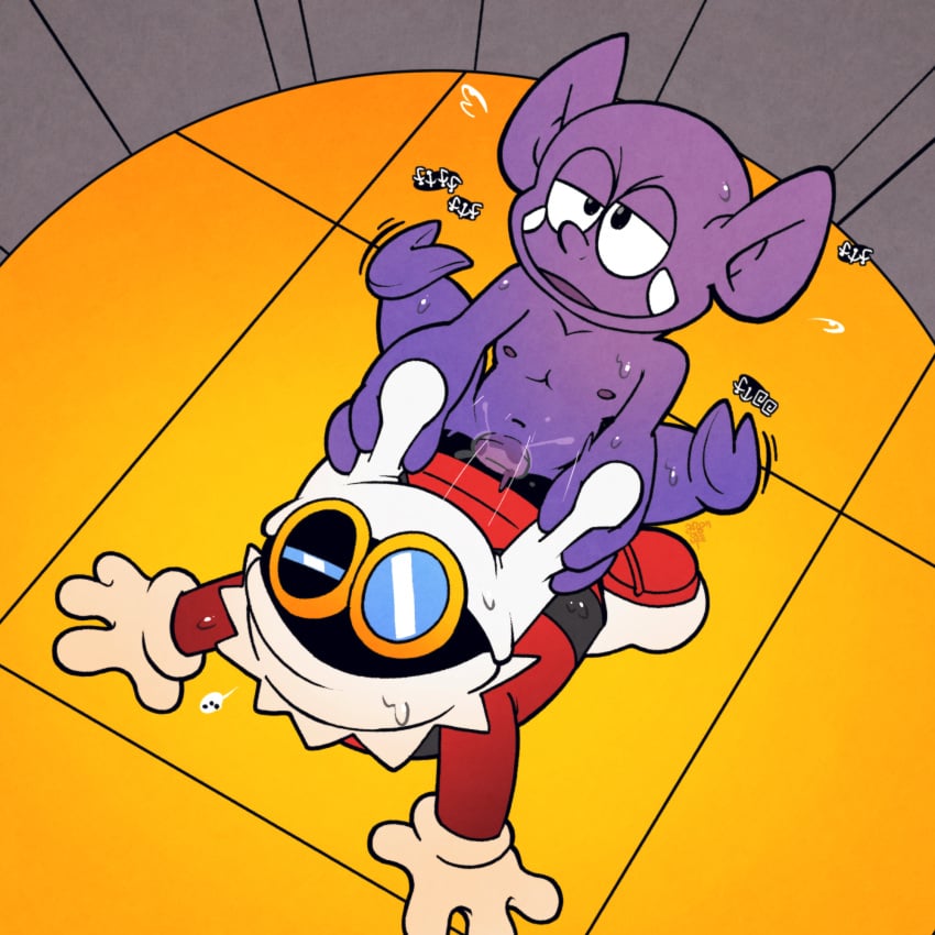 alien all_fours anal anal_sex argon_vile belly bodily_fluids clothing cum cum_in_ass cum_inside doggy_style duo ear_pull eyewear fangs from_behind_position genital_fluids gloves goggles handwear hi_res male male/male mario_bros navel nintendo nipples paper_mario penetration purple_body sex super_mario_land sweat tatanga teeth tusks x-naut zero_gravity