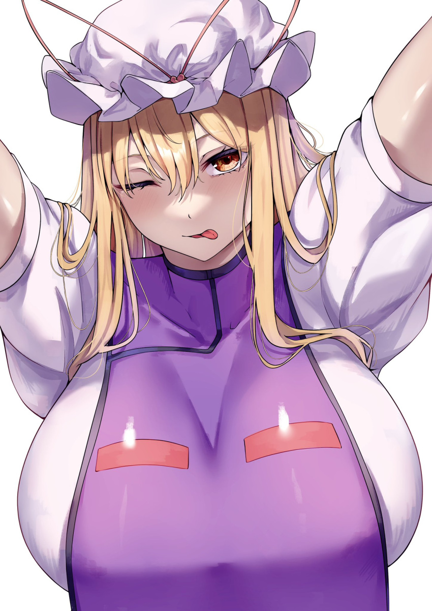 1girls :p blonde_hair breasts female female_focus female_only huge_breasts large_breasts long_hair looking_at_viewer milf milfiiiiyu mirufui no_sex older_female one_closed_eyes purple_clothing red_bow solo solo_female tabard tongue_out touhou yukari_yakumo