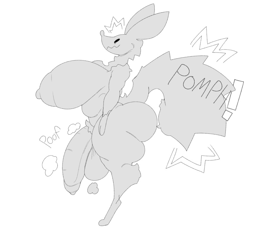 2025 anthro areola ass balls belly big_breasts biped black_eyes black_text breasts canid canine crawlything english_text exclamation_point fluffy fluffy_tail fox fur futanari genitals glans gynomorph hi_res humanoid_genitalia humanoid_penis intersex mammal monochrome motion_lines mouth_closed nipples penis side_view simple_background solo sound_effects standing tail text white_background