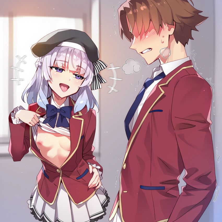 ayanokouji_kiyotaka brat classroom_of_the_elite garter_belt garter_straps hat purple_eyes purple_hair sakayanagi_arisu student thigh_highs thighhighs youkoso_jitsuryoku_shijou_shugi_no_kyoushitsu_e