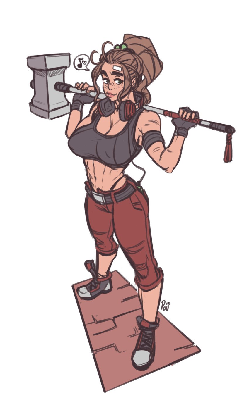 1girls 2018 2d a_pinch_of_vanilla breasts brigitte brigitte_lindholm brown_hair clothing freckles green_eyes hammer headphones heart long_hair muscular muscular_female musical_note overwatch ponytail solo speech_bubble spoken_heart sports_bra white_background white_skin