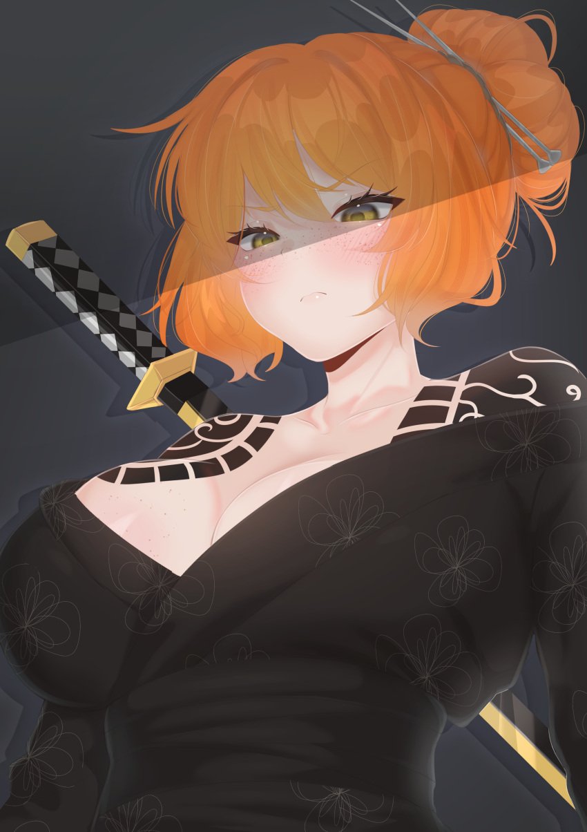blush breasts busty cleavage female freckles freckles_on_breasts freckles_on_face hair_bun hair_stick huge_breasts ishmael_(limbus_company) japanese_text katana kimono kurokumo_clan_(identity)_(project_moon) light-skinned_female light_skin limbus_company looking_at_viewer off_shoulder orange_hair project_moon sacchanart shiny_skin shoulders simple_background tattoo thick_thighs tied_hair