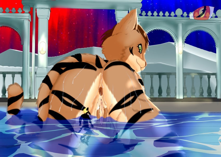 anthro blackreaper_bk201 building desert duo extreme_size_difference female female/female genitals giantess green_eyes hi_res knuddelt_baeren lights looking_back macro male male/female micro night nude pool pussy size_difference smile stripes swimming water wet