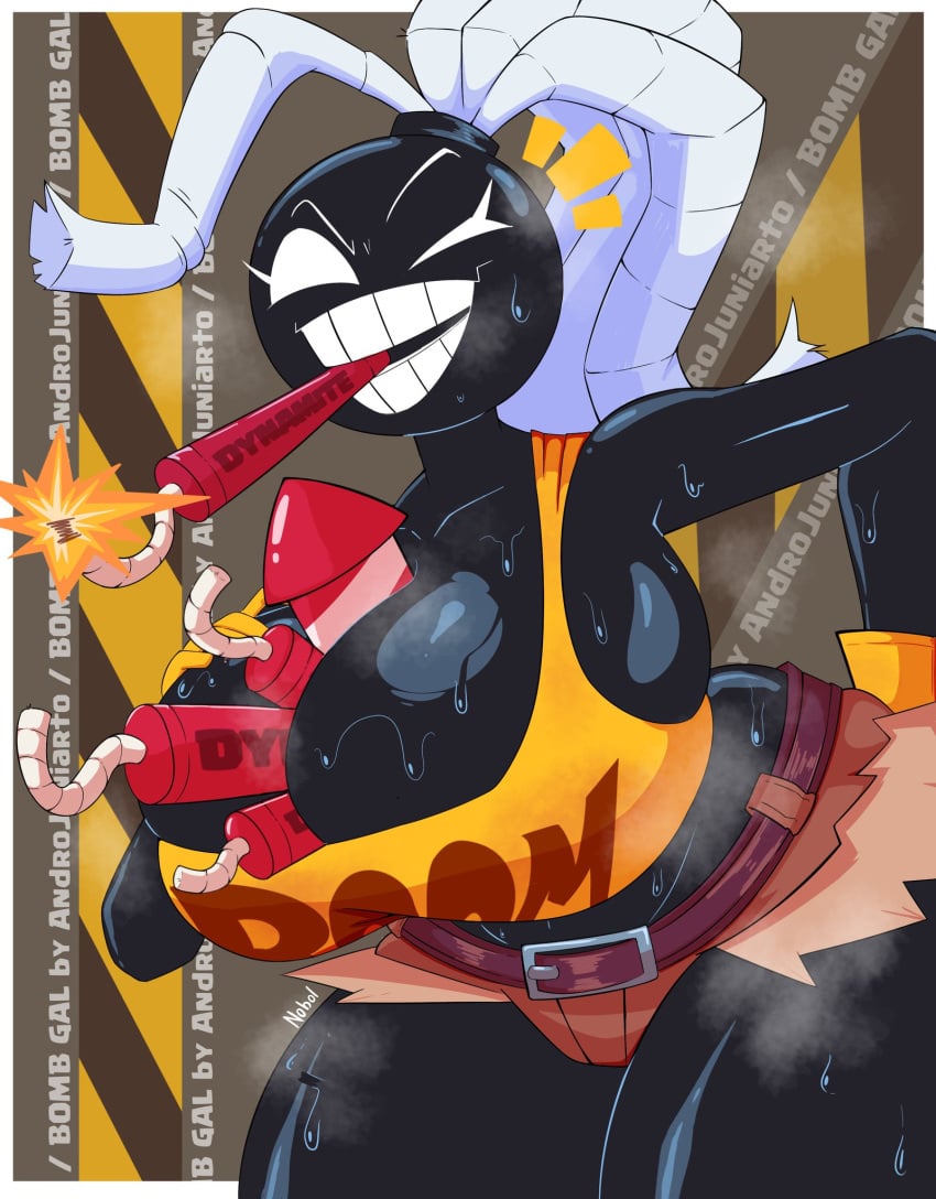 1girls 2d 2d_(artwork) alternate_version_available ass between_breasts big_ass big_breasts bomb bomb_gal_(androjuniarto) bomb_girl bomb_humanoid booty_shorts bottom_heavy breasts cleavage female gus_artin huge_breasts looking_at_viewer musk object object_between_breasts sweat sweaty_body tagme_(artist) thick_thighs winking_at_viewer
