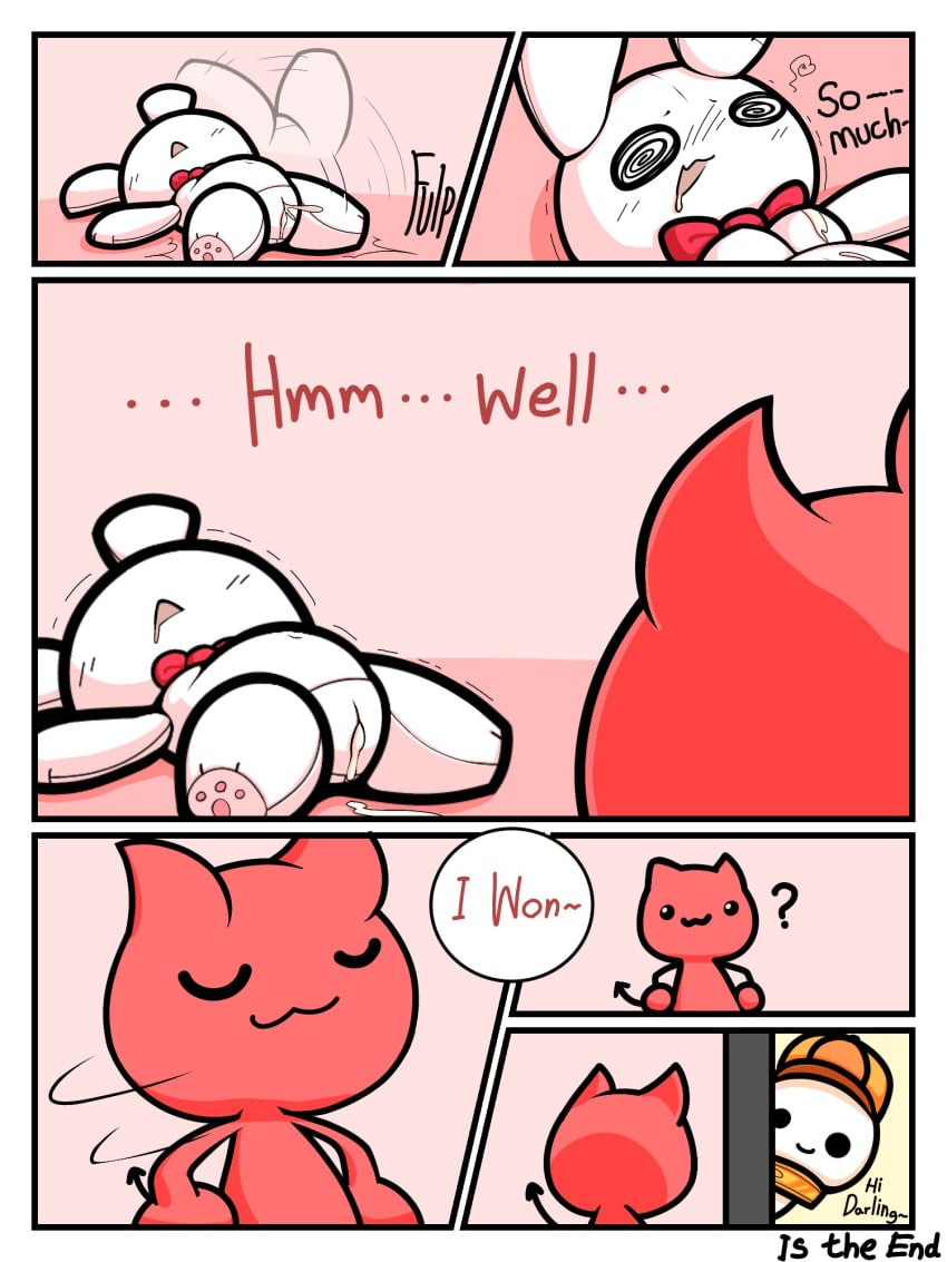 3:4 after_sex animate_inanimate anthro biped bodily_fluids comic cum cum_in_pussy cum_inside demon dialogue digital_drawing_(artwork) digital_media_(artwork) doll duo emanata english_text fainted fainted_after_sex female from_front_position genital_fluids genitals hi_res holding_other humanoid humanoid_on_anthro lagomorph leporid living_doll male male/female mammal mr_slow paws plushie plushie_(mr_slow) plushophilia rabbit red_body simple_background speech_bubble spiral_eyes text white_body