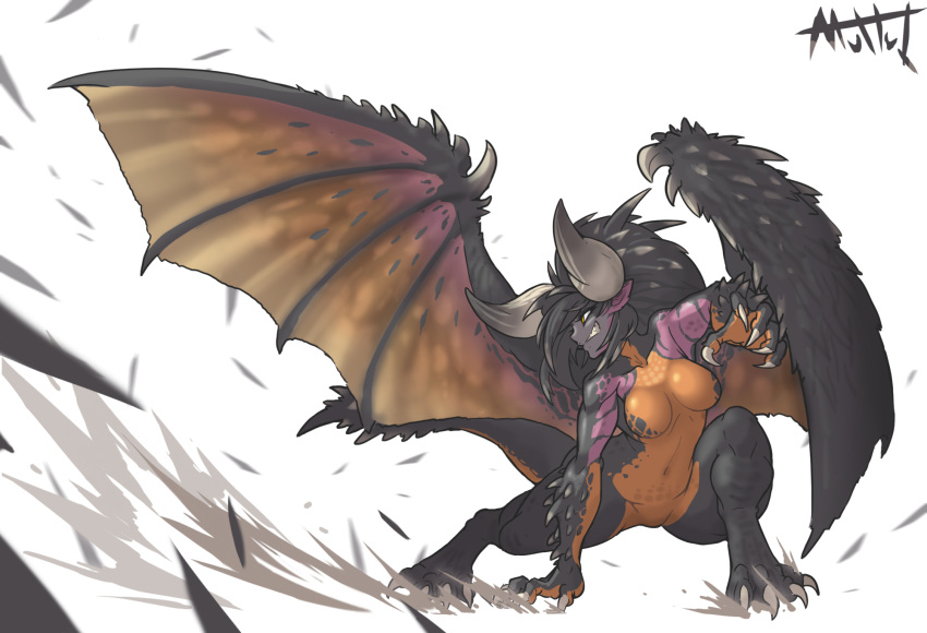 anthro breasts capcom claws featureless_breasts featureless_crotch female female_only grin hi_res horn monster_girl_(genre) monster_hunter monster_hunter_world muhut nergigante smile solo spikes video_games wings yellow_eyes