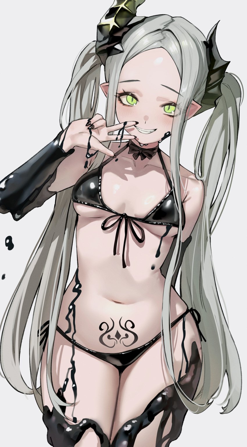1girls android arms arms_behind_back asymmetrical_horns bare_midriff bare_shoulders belly belly_button bikini bikini_bottom bikini_top black_nails bow breasts clothing collar collarbone cute cute_face cute_fangs eyebrows eyelashes fangs female female_focus female_only forehead goddess_of_victory:_nikke goo green_eyes hair hands hips horn horns humanoid jindogod legs leviathan_(nikke) long_hair long_sleeves looking_at_viewer mammal midriff nikke non-human nose painted_fingernails pale-skinned_female pale_skin panties peace_sign petite petite_female platinum_blonde_hair pointy_ears pubic_tattoo robot sharp_fingernails side-tie_bikini side-tie_panties silver_hair simple_background small_breasts smile solo solo_female solo_focus stomach tattoo teeth teeth_showing thighs tummy twintails upper_body very_long_hair white_background