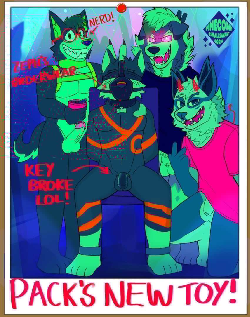 balls bondage bound chastity_cage chastity_device comic fraternity gag gagged genitals hi_res male male_only party snout submissive_male text toony