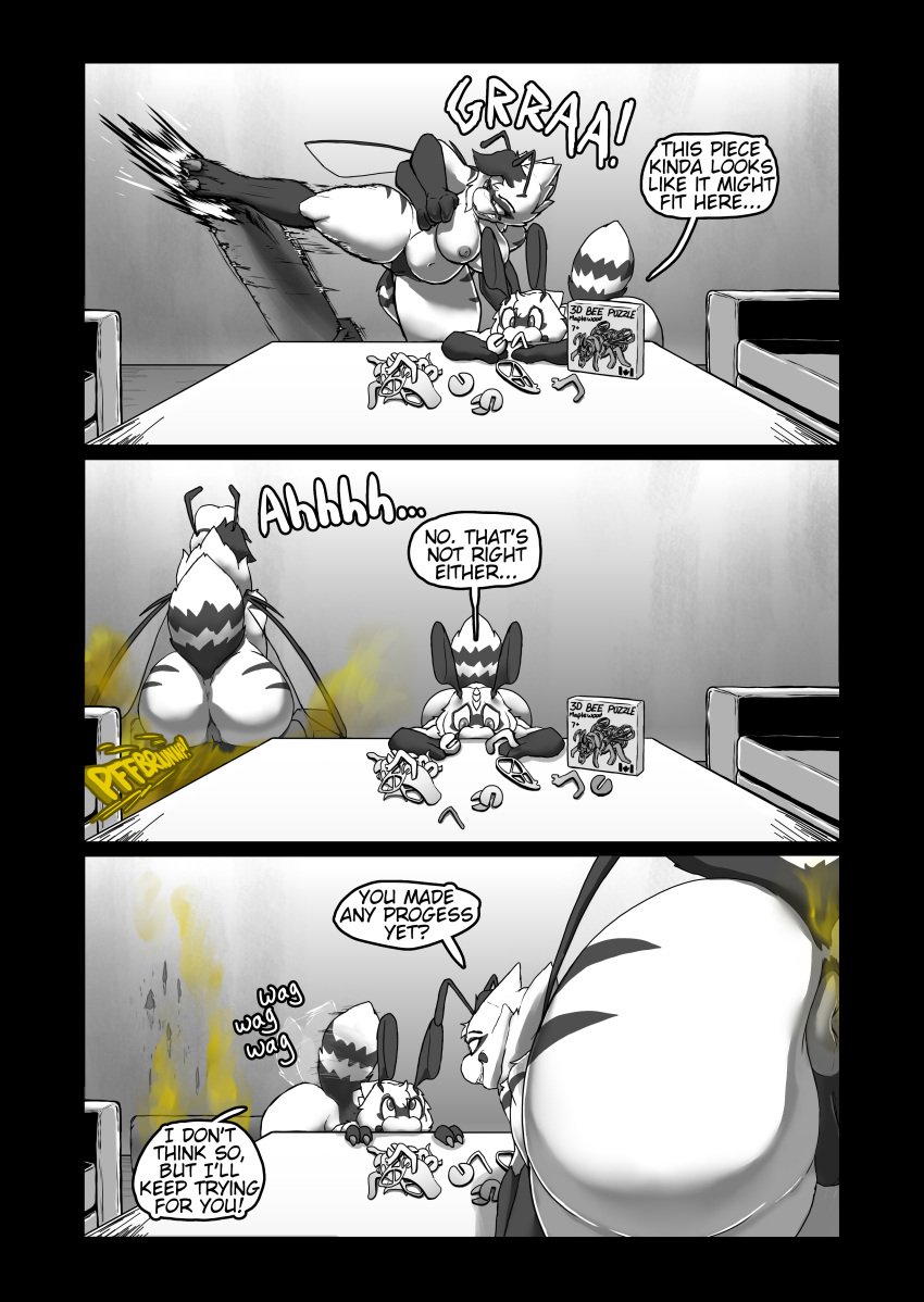 3_fingers 4_arms absurd_res annoyed antennae_(anatomy) anthro anus areola arthropod ass bee big_butt box comic container dialogue duo english_text fart fart_cloud fart_fetish farting_female farting_on_furniture female female_farting fingers frustrated furniture heather_(soomir) hectar_(soomir) hi_res hymenopteran insects kick male multi_arm multi_limb nipples nude nude_anthro nude_female nude_male presenting presenting_anus presenting_hindquarters puzzle puzzle_piece puzzle_pieces sofa soomir speech_bubble stinger stinger_tail tail text torn_wallpaper wings