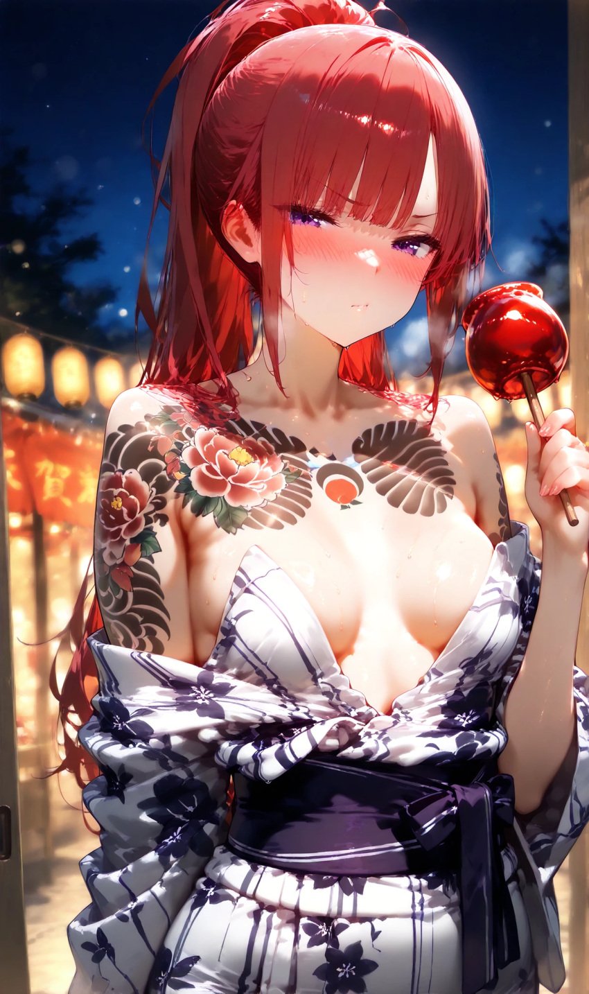 1girls ai_generated blush bsandra female haruna_(bsandra) high_ponytail long_hair original original_character ponytail purple_hair red_hair small_breasts smirk tattoo tsundere yukata