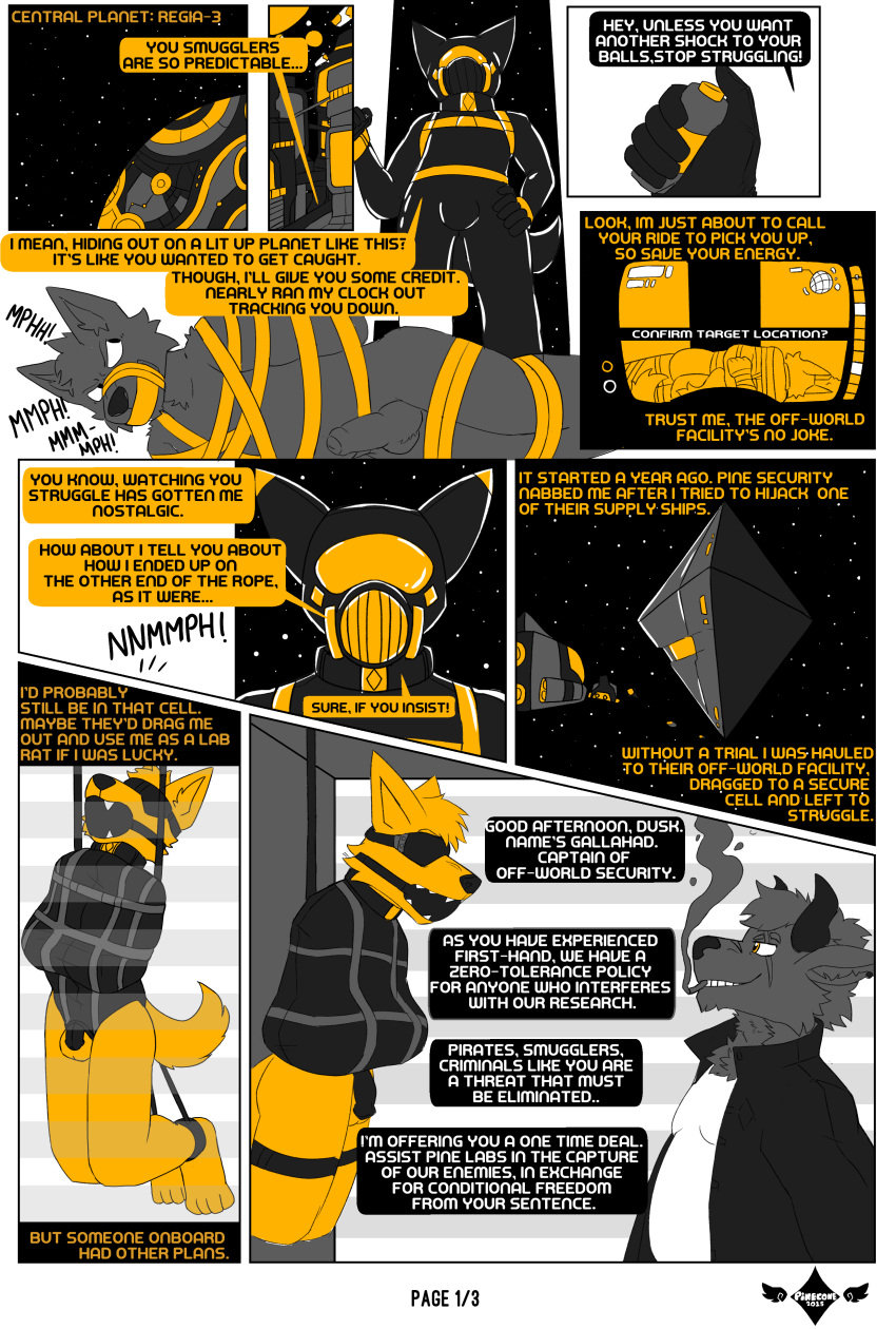 3boys absurd_res anthro balls bondage bound chastity_cage chastity_device clothing comic furry gag gagged genitals hi_res horns latex latex_clothing latex_skinsuit male penis prison scar scar_over_eye sharp_teeth skinsuit smallsavant smoking space text tight_clothing