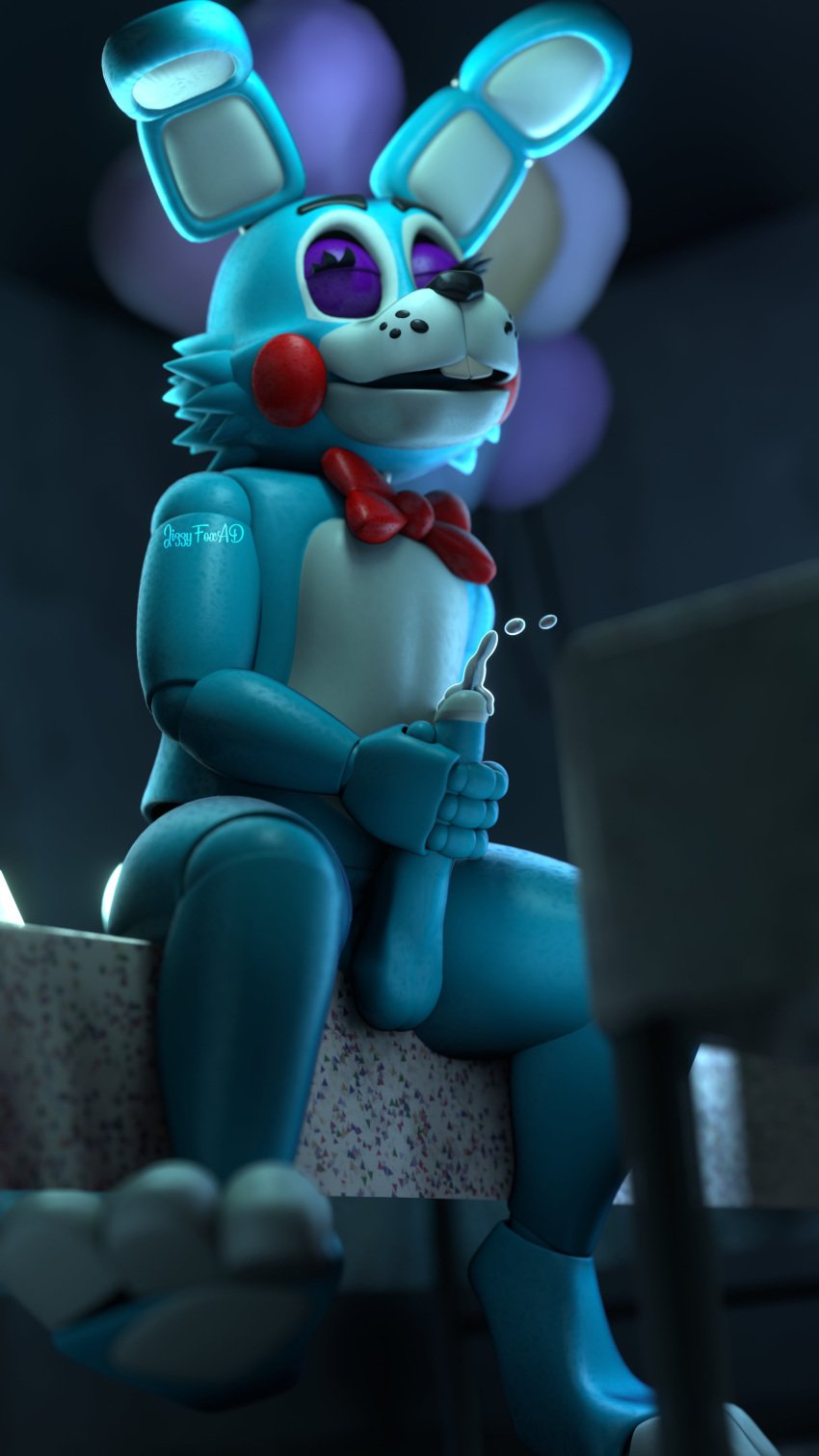 2022 3d absurd_res animatronic anthro balls blurred_background bow_tie buckteeth closed_eyes digital_media_(artwork) ejaculation five_nights_at_freddy&#039;s five_nights_at_freddy&#039;s_2 furniture genitals hand_on_penis hi_res holding_penis humanoid_genitalia humanoid_penis jizzyfox lagomorph leporid machine male male_only mammal masturbation on_table open_mouth orgasm penile penile_masturbation penis rabbit robot robot_anthro scottgames sitting sitting_on_table solo table teeth toy_bonnie_(fnaf) watermark