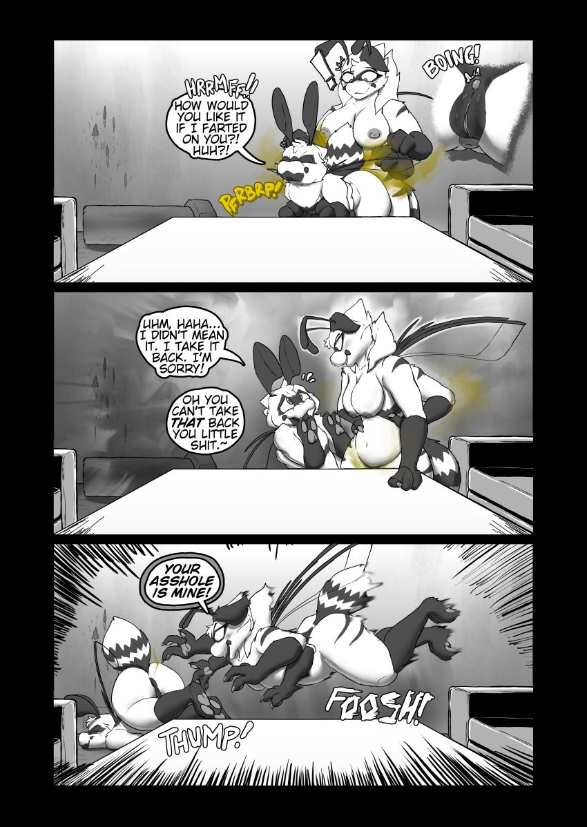4_arms absurd_res antennae_(anatomy) anthro anus areola arthropod ass bee blush breasts building clitoris dialogue duo english_text erect_clitoris erection fart fart_cloud farting_male farting_on_another farting_on_female female furniture genitals heather_(soomir) hectar_(soomir) hi_res house hymenopteran insects male male/female male_farting multi_arm multi_limb nipples nude nude_anthro nude_female nude_male profanity pussy regret sofa soomir speech_bubble stinger stinger_tail tail text tripping