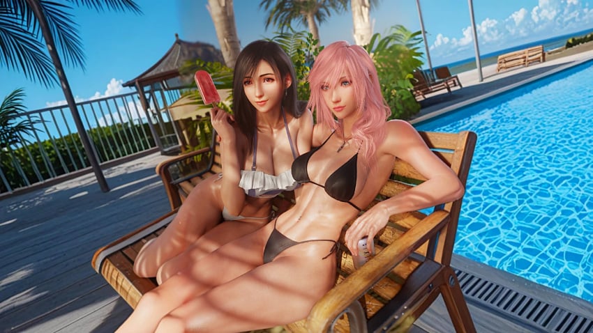 2girls 3d abs ai_assisted bikini bikini_top black_bikini blue_eyes brown_hair curly_hair eclair_farron female final_fantasy final_fantasy_vii final_fantasy_vii_remake final_fantasy_xiii goonette gooning hair_sheen ice_pop lightning_returns:_final_fantasy_xiii muscular muscular_female pink_hair plump_lips pool poolside popsicle pretty_face red_eyes resort ria-neearts spiky_hair square_enix swimming_pool tifa_lockhart tifa_lockhart_(shining_spirit) tomboy tomboyish toned toned_female tropical wallpaper wholesome