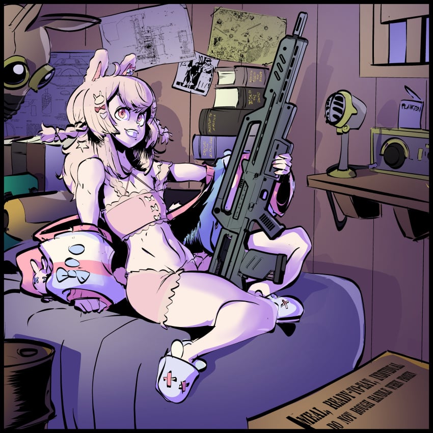 1girls bed female female_only gun phase_connect pipkin_pippa smile underwear virtual_youtuber weapon