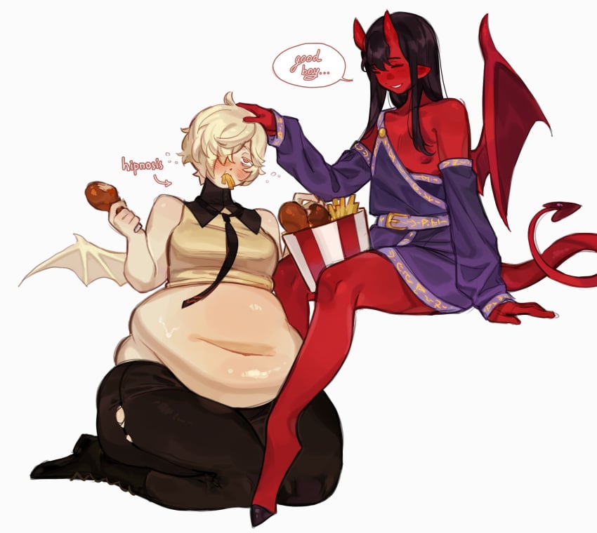 angel belly big_belly bunsfromangel demon duo feederism female food hi_res huge_belly humanoid hypnosis male male/female mind_control overstuffed overweight overweight_male stuffing succubus weight_gain