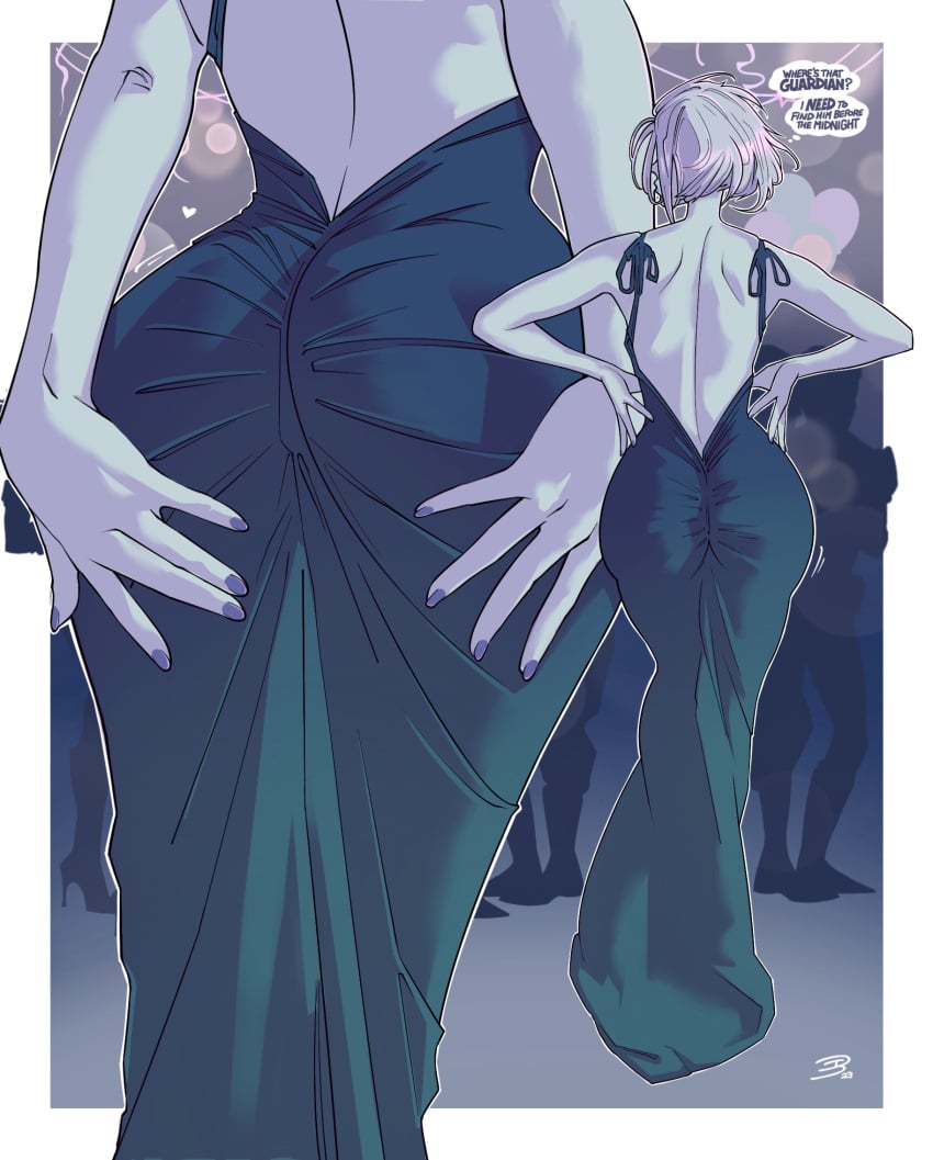 1girls 2d 2d_(artwork) ass ass_focus awoken back_view backless_outfit big_ass blue_body bungie clothed clothed_female clothing destiny_(game) destiny_2 dress female female_only hands_on_ass mara_sov short_hair theweirdibi tight_dress white_hair