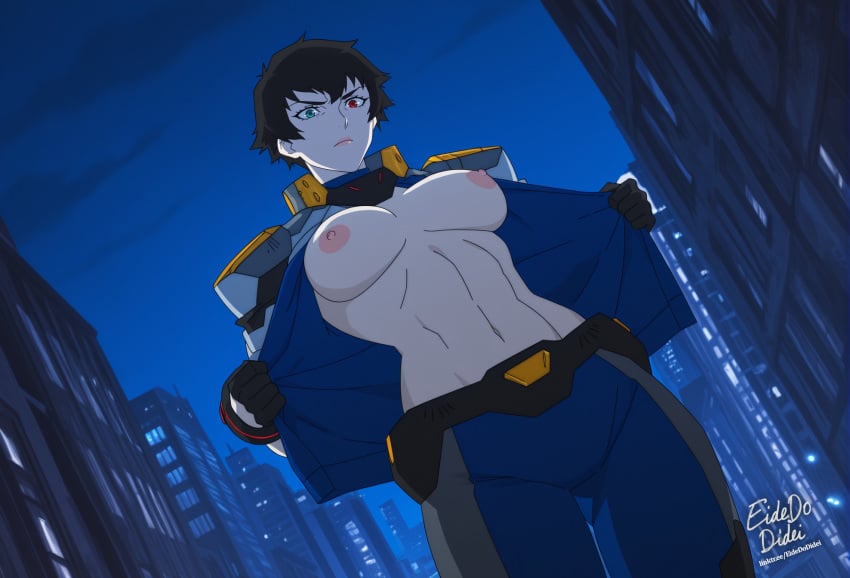1girls ai_generated black_hair breasts city devil_may_cry devil_may_cry_(netflix) eidedodidei female flashing flashing_breasts heterochromia lady_(devil_may_cry) lady_(devil_may_cry:netflix) mary_ann_arkham night nipples outdoors self_upload short_hair solo