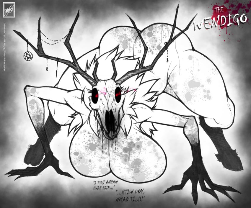 ambiguous_fluids american_mythology antlers ass_up big_butt blood breasts butt cervine crouching dialogue female folklore fur hair hanging_breasts hooves horn huge_breasts huge_butt imminent_sex impregnation_request indigenous_north_american_mythology long_fingers looking_at_viewer mammal monster_girl muscular_legs muscular_thighs mythology nightmare_fuel nightmare_waifu north_american_mythology noseless nude pale_skin public_domain red_eyes signature skull solo text thick_thighs undead urban_legend walter_sache wendigo white_skin