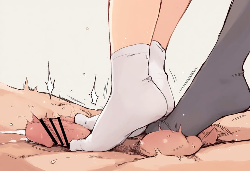 1boy 2girls ballbusting bblls censor_bar censored censored_penis cock cock_and_ball_torture cum feet female gray_socks male male_ryona socks stepping_on_balls stepping_on_penis white_background white_socks
