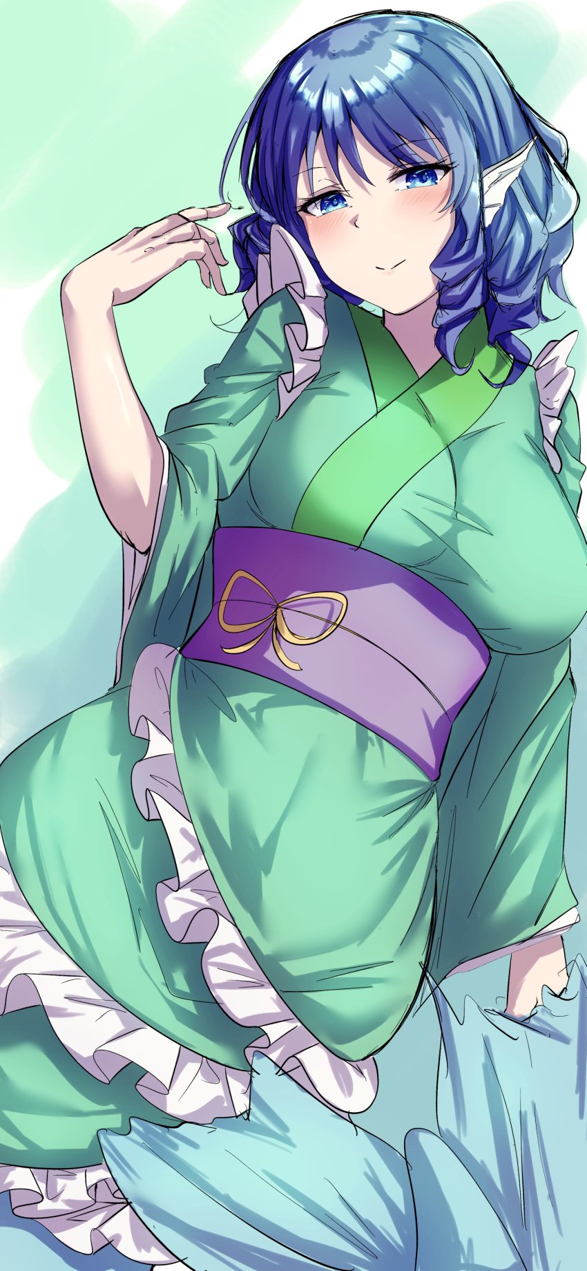 blue_eyes blue_hair breasts female female_focus fins mermaid mermaid_girl mirufui solo touhou turquoise_clothing wakasagihime