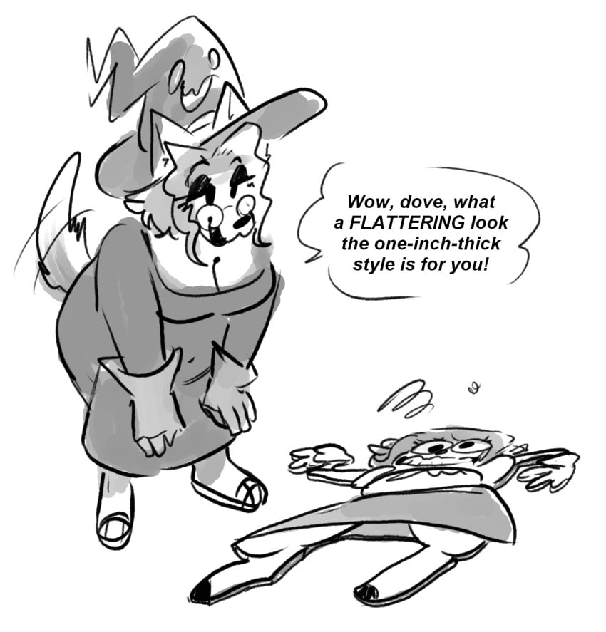 2girls anthro bending bending_forward cleavage dialogue female flattened flattening flattening_fetish furry fursona punkitt punkitt_(fursona) speech_bubble text trans_woman trans_woman_(lore) wolf wolf_ears wolf_girl wolf_tail wolfgirl9million