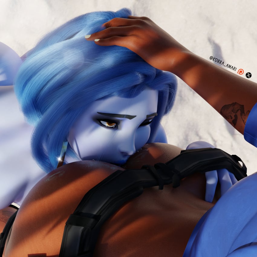 2girls 3d ass ass_focus ass_grab beach blue_body blue_hair dark_skin female kiss_mark kissing korra_amari licking licking_ass light overwatch overwatch_2 pharah pharah_(overwatch) summer widowmaker yuri