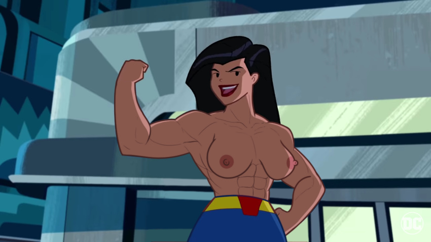 abs black_hair breasts danny_(artist) dc edit female justice_league justice_league_action lipstick muscle muscular_female red_lipstick rule_63 screenshot_edit solo superman topless