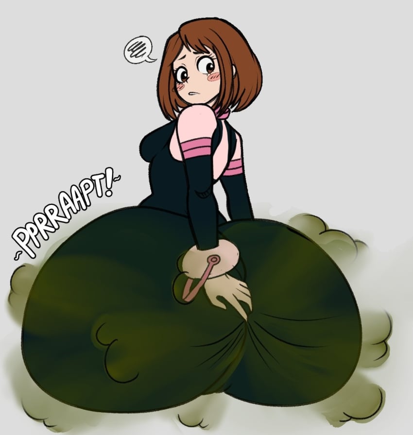 2d ass brap fart fart_fetish fat_ass felixschmeelix female female_focus looking_back my_hero_academia ochako_uraraka sitting thick_thighs