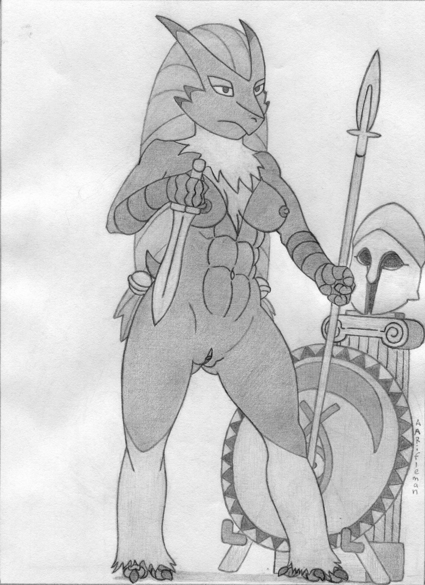 1girls 3_toes aarifleman abs anthro areola armor athletic avian blaziken breasts claws clitoris feet female female_only hair helmet holding holding_object holding_weapon klatea long_hair melee_weapon monochrome nintendo nipples nude pillar pokemon pokemon_(species) pokemon_rse polearm pussy shaded shield simple_background sketch solo source_request spear standing sword text thick_thighs thief_the_dark_project toes traditional_media_(artwork) video_games watermark weapon