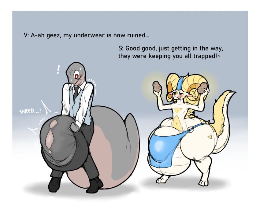 2024 anthro balls balls_expansion big_balls big_horn big_penis black_bottomwear black_clothing black_footwear black_pants black_shoes blonde_hair blue_bottomwear blue_clothing blue_loincloth blush bottom_heavy bottomwear brown_penis clothed clothing curled_horn dialogue digitigrade dragon duo english_text expansion femboy food footwear genital_expansion genitals hair hi_res holding_object horn huge_balls huge_cock huge_horn hung_femboy hung_trap hyper hyper_balls hyper_genitalia hyper_penis lizard loincloth loincloth_only long_pants looking_at_another male marvolk mythological_creature mythological_scalie mythology necktie pants penis penis_expansion plant plantigrade potato reptile scalie size_difference smile suit text topless topwear vegetable vest victor_murphy white_balls white_body white_penis yellow_horn