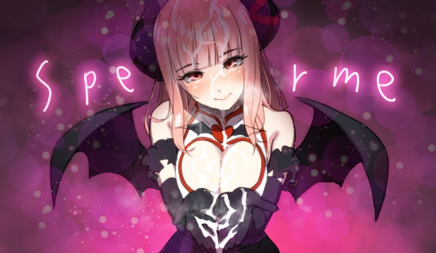 bad_id bad_twitter_id bangs black_gloves blush borrowed_character breasts bubble_background cum cum_in_hands cum_on_body cum_on_breasts cum_on_upper_body cupping_hands demon_girl demon_horns demon_wings elbow_gloves eve.ch eve_valerne eyebrows_visible_through_hair facial gloves heart highres horns inactive_account ogre_(illustogre) original pink_background pink_eyes pink_hair semen simple_background smile succubus virtual_youtuber wings