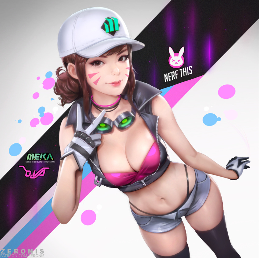 1girls brown_eyes brown_hair cap cleavage d.va female female_only gloves navel overwatch shooting_star_d.va shorts solo standing thighhighs thong whale_tail zeronis