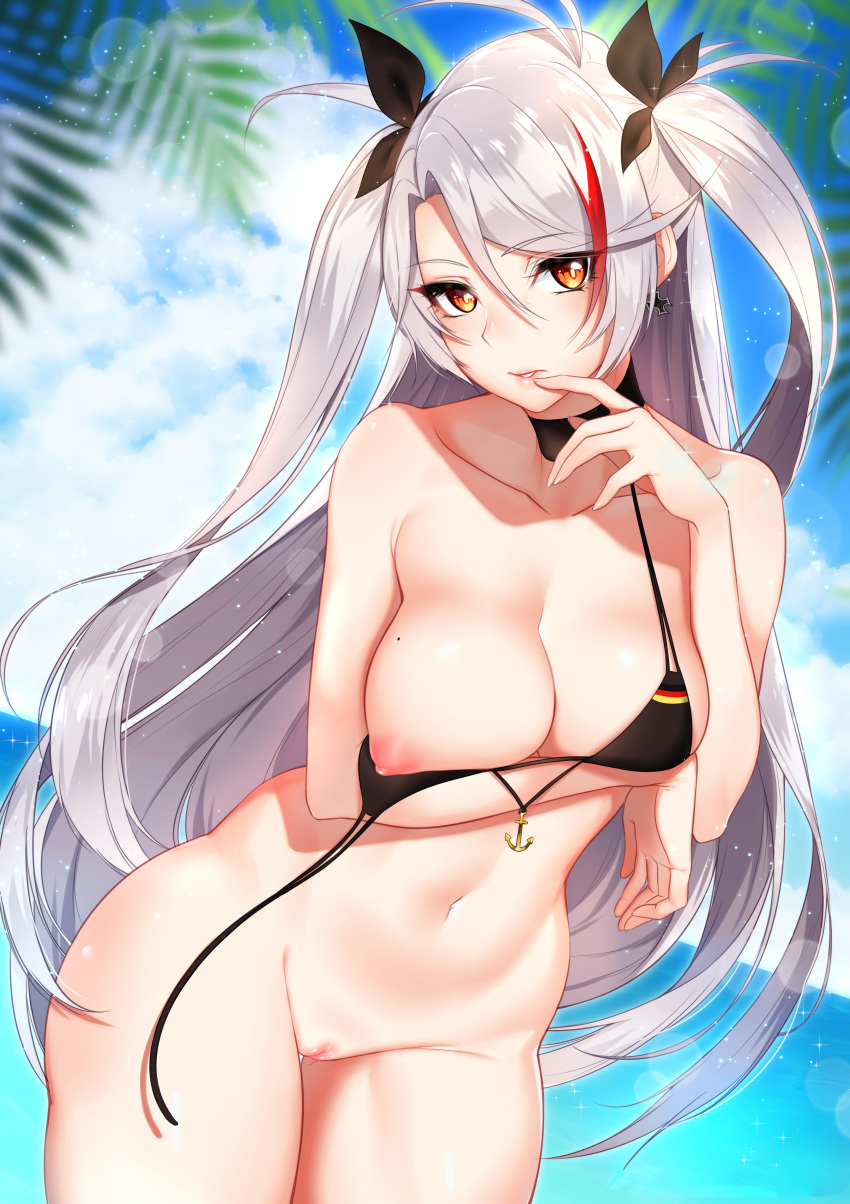 absurdres alternate_costume areolae arm_support arm_under_breasts arm_up azur_lane bangs bare_shoulders bikini bikini_tug black_bikini black_choker blurry blurry_background blush bottomless breasts brown_eyes choker cleavage collarbone cowboy_shot cross cross_earrings curvy day earrings eyebrows_visible_through_hair eyes_visible_through_hair female finger_to_mouth groin hair_between_eyes head_tilt highres jewelry large_breasts leaning_forward light_particles long_hair looking_at_viewer mole mole_on_breast multicolored_hair navel nipples ocean outdoors paid_reward palm_leaf patreon_reward prinz_eugen_(azur_lane) pussy red_hair shaved_pussy silver_hair skindentation solo sparkle stomach streaked_hair swimsuit thighs third-party_edit tofuubear two_side_up uncensored untied untied_bikini very_long_hair