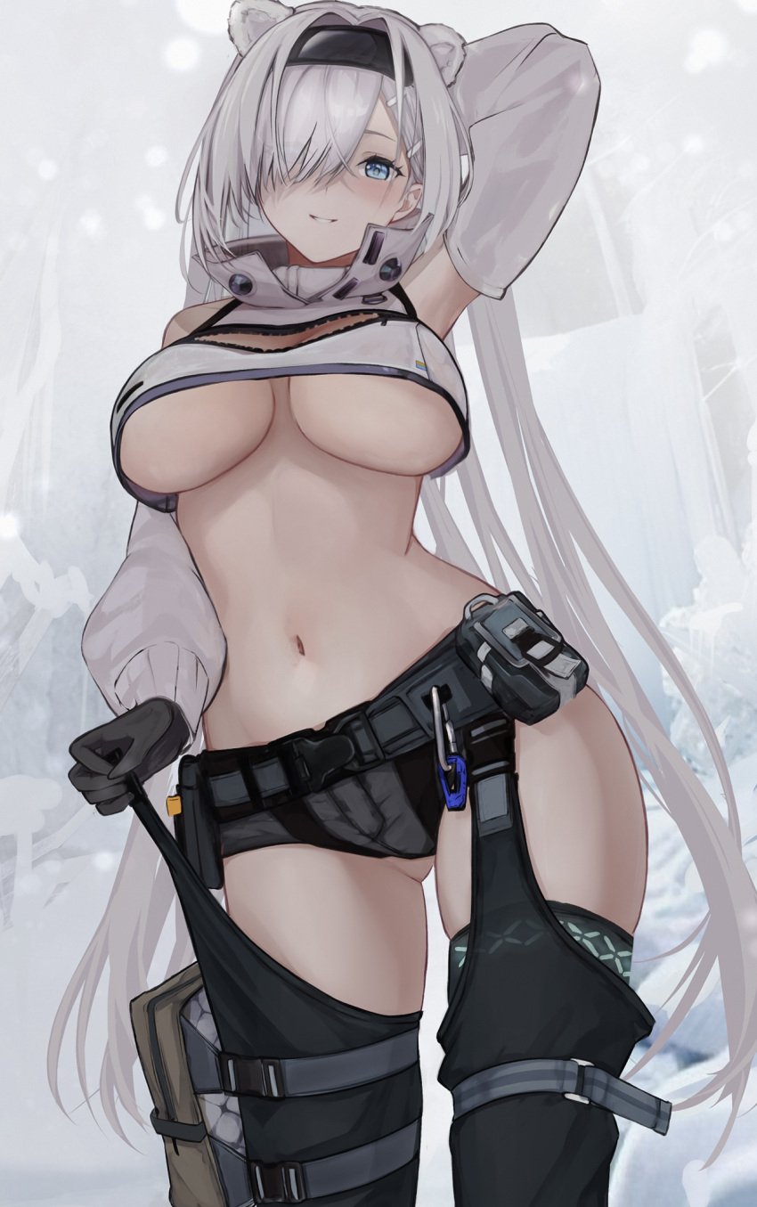 animal_ears arknights arm_behind_head arm_up aurora_(arknights) bear_ears bear_girl belt black_gloves black_hairband black_shorts black_thighhighs blue_eyes blush breasts commentary_request contrapposto crop_top detached_sleeves extra_ears female gloves gluteal_fold grey_hair hair_intakes hair_over_one_eye hairband highres kyuu_(q_des9) large_breasts long_hair long_sleeves looking_at_viewer navel_piercing piercing puffy_long_sleeves puffy_sleeves short_shorts shorts smile solo thighhighs thighs underboob utility_belt
