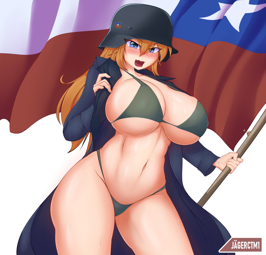 1girl big_breats bikini blonde_hair blue_eyes brush chile chilean chilean_female chilean_flag female female_only helmet large_breasts military military_helmet thighs