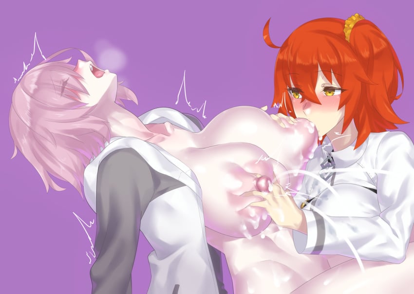 ahoge blush breast_grab breast_sucking breasts chaldea_uniform evuoaniramu eyes_visible_through_hair fate/grand_order fate_(series) fujimaru_ritsuka_(female) grabbing hair_ornament hair_over_one_eye hair_scrunchie head_back huge_breasts jacket lactation lavender_hair mash_kyrielight milk mizuumi_(bb) multiple_girls nipples one_side_up orange_eyes orange_hair orange_scrunchie puffy_nipples scrunchie short_hair skirt white_jacket yellow_scrunchie yuri