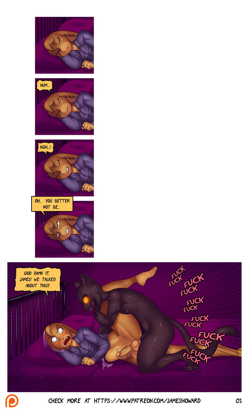 anal anal_sex annoyed anthro anthro_on_anthro comic demon dialogue feline fur furry gabe_(james_howard) interspecies james_(james_howard) james_howard lagomorph male mammal page_1 penetration rabbit sex sleep_sex sleeping yaoi