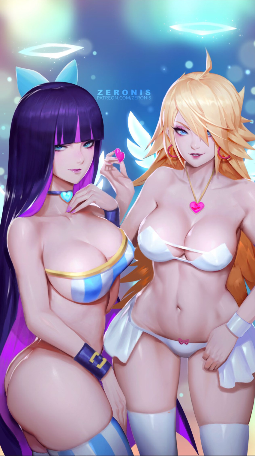 2girls ass bimbo blonde_hair blue_eyes blue_hair bottomless bra choker cleavage eyeshadow female hair_over_one_eye hoop_earrings hourglass_figure large_breasts lipstick long_hair makeup panties panty_&_stocking_with_garterbelt panty_anarchy pendant standing stocking_anarchy thighhighs zeronis