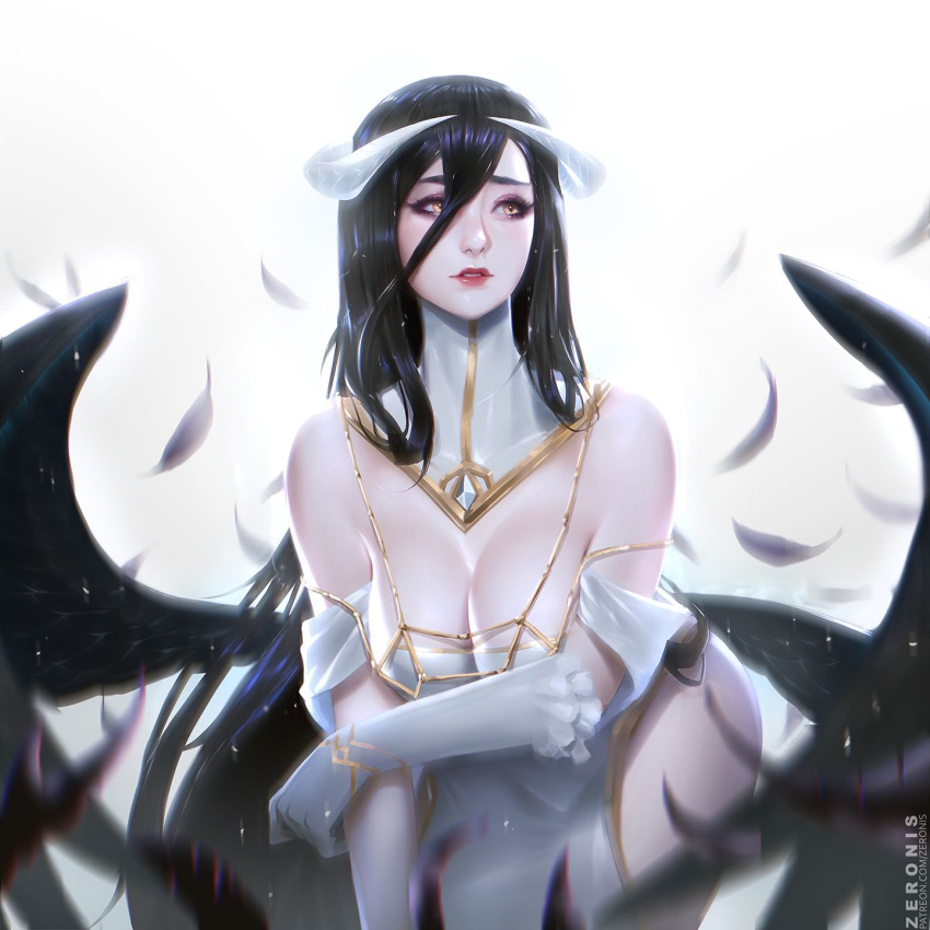 albedo_(overlord) black_hair cleavage dress female horns large_breasts long_hair overlord_(maruyama) solo succubus zeronis