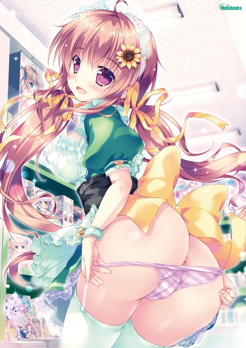 :d anus apron ass bangs blush bow breasts brown_hair cameltoe cleavage_cutout dress eyebrows_visible_through_hair female female_only flower frills garter_straps green_dress hair_between_eyes hair_flower hair_ornament hair_ribbon highres indoors long_hair looking_at_viewer low_twintails maid maid_apron maid_headdress melonbooks mikeou open_mouth original panties puffy_short_sleeves puffy_sleeves purple_eyes purple_panties ribbon short_sleeves smile solo sparkle striped striped_panties sunflower thighhighs twintails underwear very_long_hair waist_apron white_legwear wrist_cuffs yellow_bow