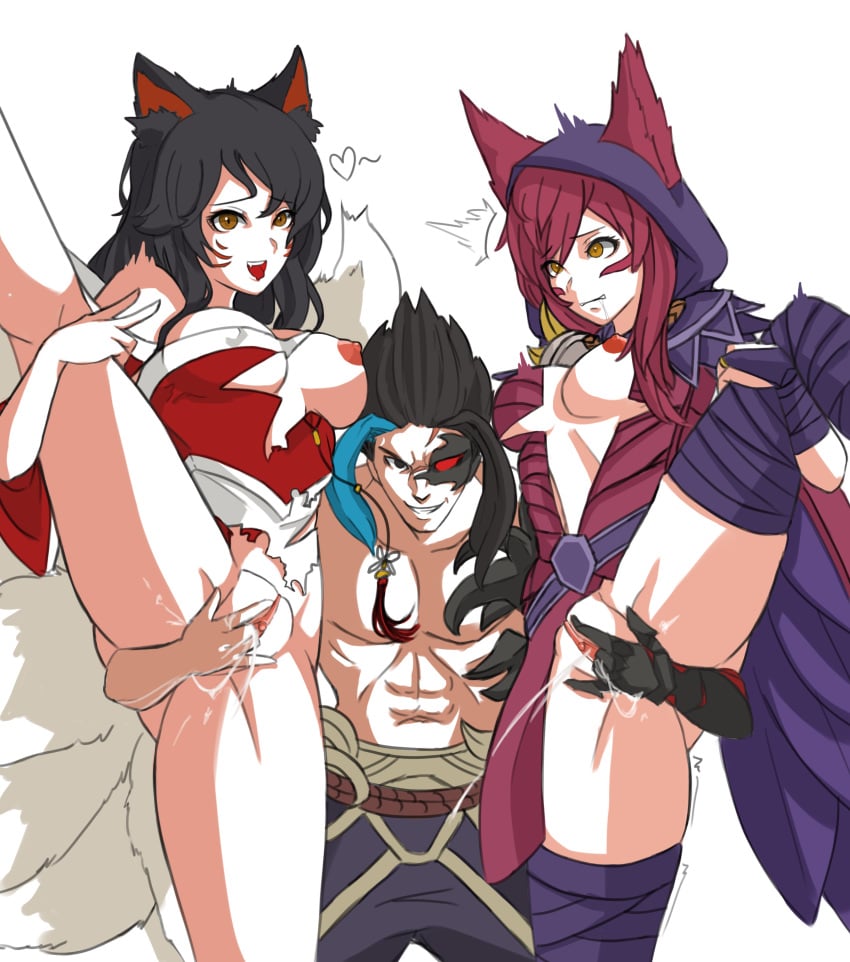 1boy 2girls ahri animal_ears animal_humanoid areolae black_hair breasts brown_eyes clitoris closed_mouth epko female fingering fingering_partner flexible fox_ears fox_humanoid fox_tail gesture gloves hairless_pussy heart kayn large_breasts league_of_legends long_ears long_hair looking_at_viewer male monster multiple_girls nipples on_one_leg open_clothes open_mouth open_shirt pink_hair puffy_nipples pussy pussy_juice pussy_juice_string red_eyes simple_background smile smirk spread_legs squirting straight threesome tongue_out v white_background xayah