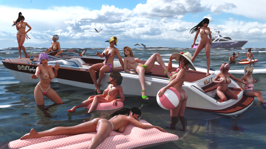 12girls 3d 6+girls american ass ayane_(doa) barefoot bikini bikini_bottom black_hair blonde_hair boat breasts brown_hair casual christie_(doa) cleavage dead_or_alive dolphin fatal_fury feet female hat helena_douglas highres hitomi_(doa) honoka_(doa) human human_only inflatable_raft kasumi_(doa) king_of_fighters kokoro_(doa) large_breasts lei_fang long_hair mai_shiranui male marie_rose multiple_boys multiple_girls nipples nude nyotengu ocean on_stomach open_toe_shoes outdoors pale_skin partially_submerged pink_hair ponytail pubic_hair purple_hair sea seagull short_hair sideboob sitting sling_bikini small_breasts snk soles standing surfboard tanline tecmo texan thong thong_bikini tina_armstrong toes twintails water xvladtepesx yacht