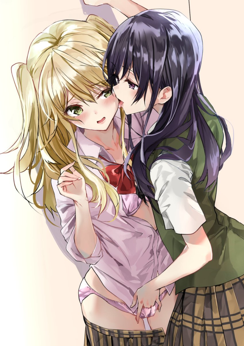 against_wall aihara_mei aihara_yuzu arm_up blonde_hair blue_hair blush bra citrus_(saburouta) clothing collared_shirt face_licking fingering fujisaki_ribbon green_eyes half-closed_eyes highres licking multiple_girls panties plaid plaid_skirt pleated_skirt purple_eyes red_neckwear school_uniform serafuku shirt skirt skirt_pull standing step-incest stepsibling stepsister stepsisters tongue tongue_out twintails unbuttoned unbuttoned_shirt underwear wooden_floor yuri