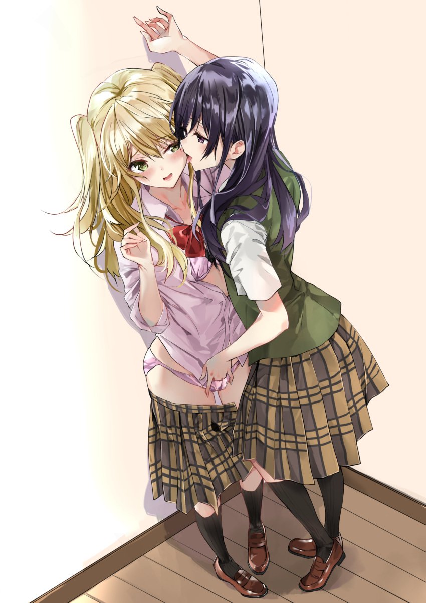 absurdres against_wall aihara_mei aihara_yuzu arm_up black_legwear blonde_hair blue_hair blush bra brown_footwear citrus_(saburouta) clothing collarbone collared_shirt eyebrows_visible_through_hair face_licking fingering fujisaki_ribbon full_body green_eyes hair_between_eyes half-closed_eyes highres licking multiple_girls panties pigeon-toed pink_bra pink_panties plaid plaid_skirt pleated_skirt purple_eyes red_neckwear school_uniform seifuku serafuku shirt skirt skirt_pull standing step-incest stepsibling stepsister stepsisters tongue tongue_out twintails unbuttoned unbuttoned_shirt underwear wooden_floor yuri