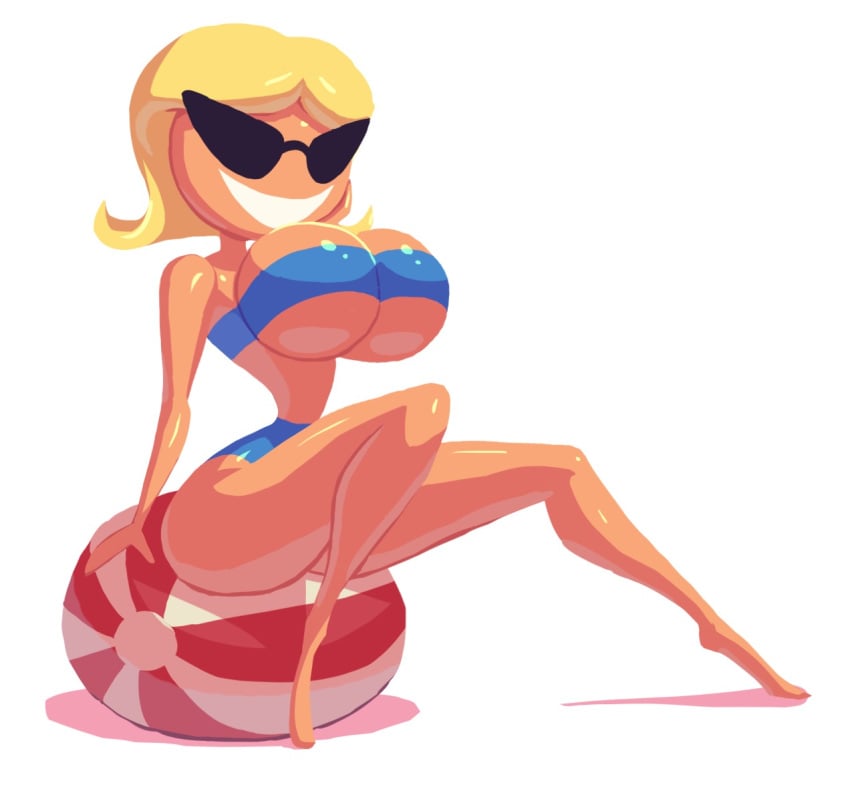 ball beach_ball big_breasts bikini blonde_hair disney female knick_knack large_hips noonun pixar short_hair sitting sitting_on_ball sitting_on_beachball smiling sunglasses sunny_miami thin_waist underboob wide_hips