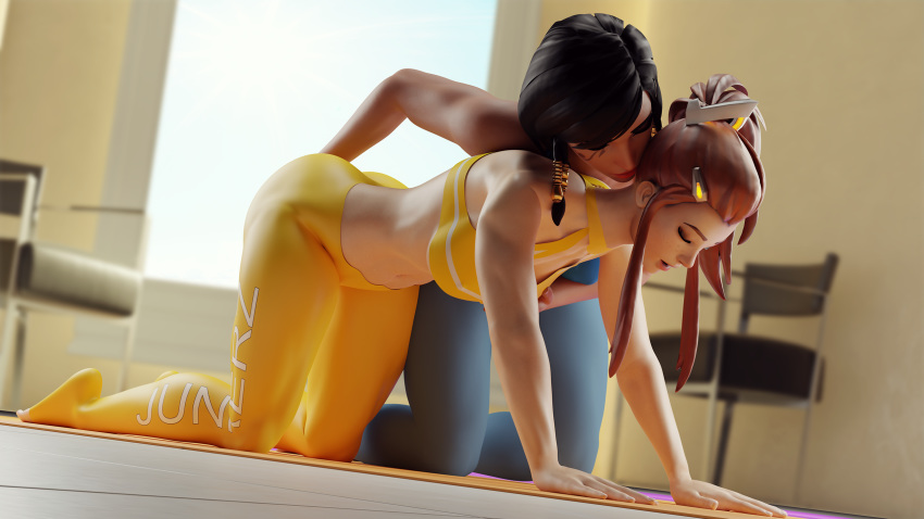 2girls 3d all_fours black_hair blender breasts brigitte brigitte_lindholm brown_hair cleavage dark-skinned_female dark_skin fareeha_amari female female_only fingering junkerz kneeling navel on_all_fours open_mouth overwatch pharah tattoo yoga yoga_mat yoga_pants yuri