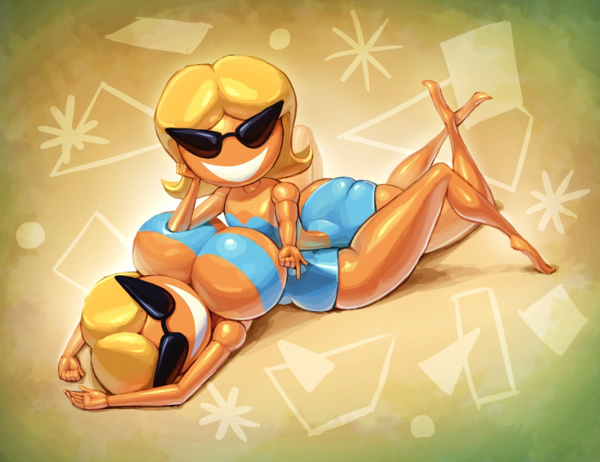 2girls big_breasts bikini blonde_hair breast_size_difference disney female flat_chest knick_knack large_hips lying_down non-identical_selfcest noonun pixar selfcest short_hair smiling sunglasses sunny_miami thin_waist wide_hips yuri