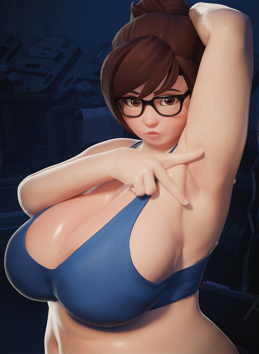 1girls 3d armpit_fetish armpit_spread armpits big_breasts blizzard_entertainment breasts female female_only fugtrup glasses looking_at_viewer mei_(overwatch) one_arm_up overwatch pinup sports_bra spreading_armpit sweat tagme